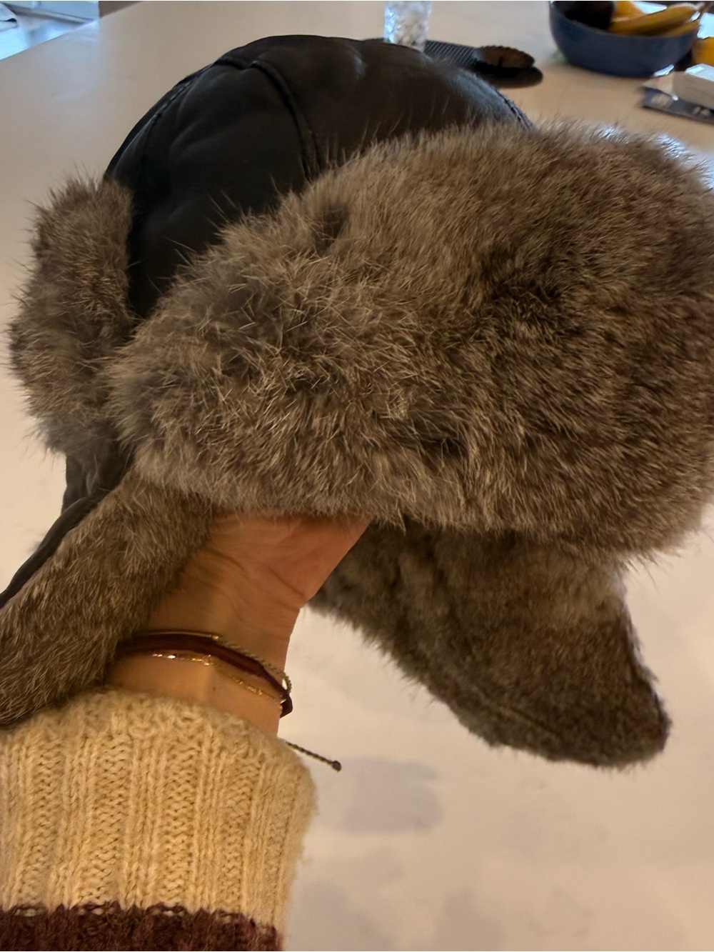 Wigan’s Real Fur & Leather Trapper Hat - Black & Gray size 59